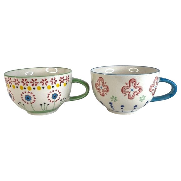 Set Of 2 Hand Painted Ceramic Mugs With Floral Patterns 12oz Anthropologie Style - Picture 1 of 11